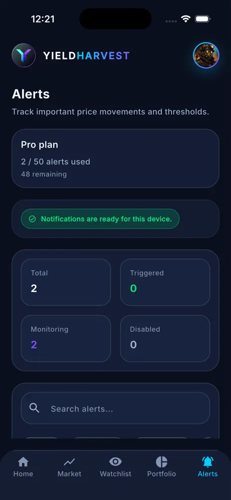 YieldHarvest alert management screen